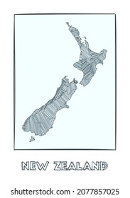 Sketch map of New Zealand. Grayscale hand-drawn map of the country. Filled regions with hachure stripes. Vector illustration.
