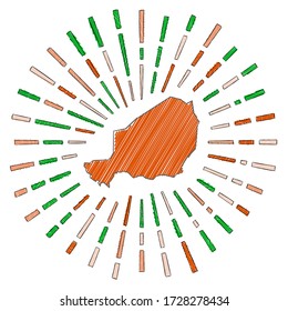 Sketch map of Niger. Sunburst around the country in flag colors. Hand drawn Niger shape with sun rays on white background. Vector illustration.