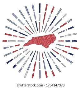 Sketch map of North Carolina. Sunburst around the us state in flag colors. Hand drawn North Carolina shape with sun rays on white background. Vector illustration.