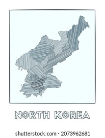 Mapa de esbozos de Corea del Norte. Mapa dibujado a mano en escala de grises del país. Regiones llenas con rayas de hachure. Ilustración vectorial.