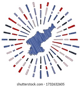 Sketch map of North Korea. Sunburst around the country in flag colors. Hand drawn North Korea shape with sun rays on white background. Vector illustration.