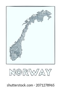 Sketch map of Norway. Grayscale hand-drawn map of the country. Filled regions with hachure stripes. Vector illustration.