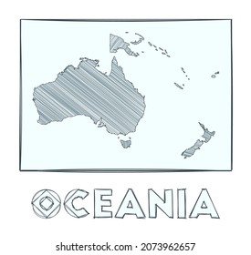 Sketch map of Oceania. Grayscale hand-drawn map of the continent. Filled regions with hachure stripes. Vector illustration.