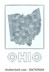 Sketch map of Ohio. Grayscale hand-drawn map of the US state. Filled regions with hachure stripes. Vector illustration.