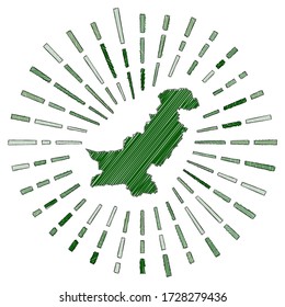 Sketch map of Pakistan. Sunburst around the country in flag colors. Hand drawn Pakistan shape with sun rays on white background. Vector illustration.