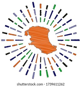 Sketch map of Parrot Cay. Sunburst around the island in flag colors. Hand drawn Parrot Cay shape with sun rays on white background. Vector illustration.