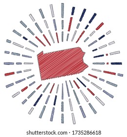 Sketch map of Pennsylvania. Sunburst around the us state in flag colors. Hand drawn Pennsylvania shape with sun rays on white background. Vector illustration.