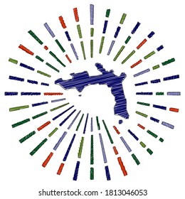 Sketch map of Peter Island. Sunburst around the island in flag colors. Hand drawn Peter shape with sun rays on white background. Vector illustration.