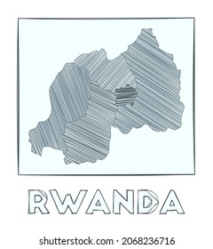 Mapa de esbozos de Ruanda. Mapa dibujado a mano en escala de grises del país. Regiones llenas con rayas de hachure. Ilustración vectorial.