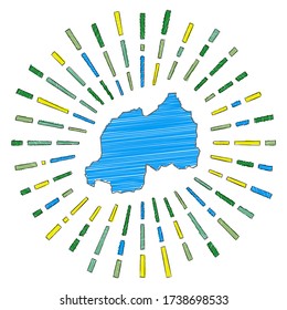 Sketch map of Rwanda. Sunburst around the country in flag colors. Hand drawn Rwanda shape with sun rays on white background. Vector illustration.