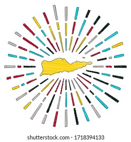 Sketch map of Saint Croix. Sunburst around the island in flag colors. Hand drawn Saint Croix shape with sun rays on white background. Vector illustration.