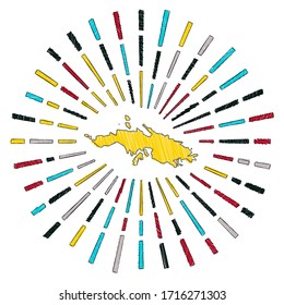Sketch map of Saint Thomas. Sunburst around the island in flag colors. Hand drawn Saint Thomas shape with sun rays on white background. Vector illustration.