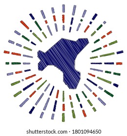 Sketch map of Salt Island with a sunburst in flag colors. Hand-drawn Salt Island shape with sun rays on a white background. Vector illustration.