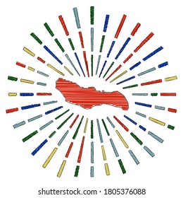 Mapa de esbozos de la isla de Saona. El sol arde alrededor de la isla con los colores de la bandera. Forma de Saona dibujada a mano con rayos solares sobre fondo blanco. Ilustración vectorial.