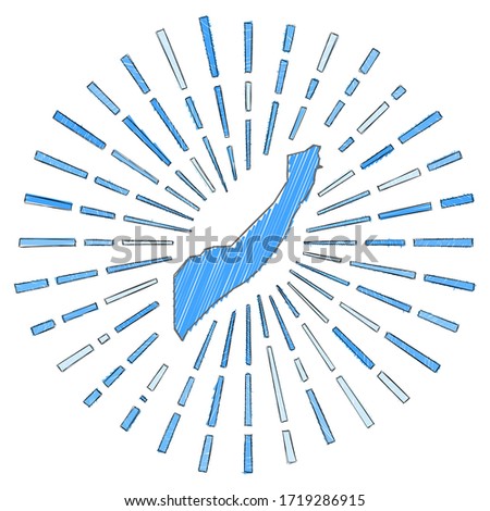 Sketch map of Somalia with a sunburst effect in the flag colors. Hand-drawn Somalia shape with sun rays on a white background. Vector illustration.