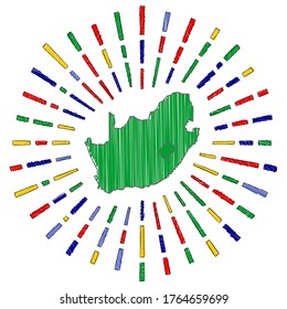 Sketch Map Of South Africa. Sunburst Around The Country In Flag Colors. Hand Drawn South Africa Shape With Sun Rays On White Background. Vector Illustration.