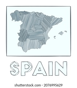 Sketch map of Spain. Grayscale hand-drawn map of the country. Filled regions with hachure stripes. Vector illustration.