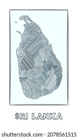 Sketch map of Sri Lanka. Grayscale hand-drawn map of the country. Filled regions with hachure stripes. Vector illustration.