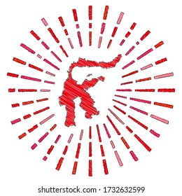 Sketch map of Sulawesi. Sunburst around the island in flag colors. Hand drawn Sulawesi shape with sun rays on white background. Vector illustration.