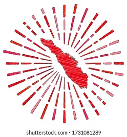 Sketch map of Sumatra. Sunburst around the island in flag colors. Hand drawn Sumatra shape with sun rays on white background. Vector illustration.