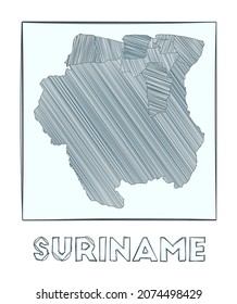 Sketch map of Suriname. Grayscale hand-drawn map of the country. Filled regions with hachure stripes. Vector illustration.