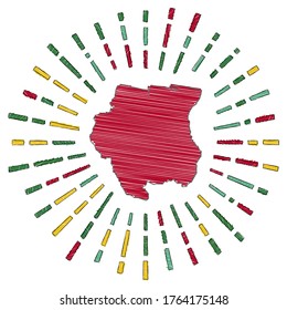 Sketch map of Suriname. Sunburst around the country in flag colors. Hand drawn Suriname shape with sun rays on white background. Vector illustration.