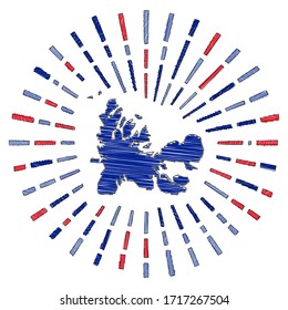 Sketch map of TAAF. Sunburst around the country in flag colors. Hand drawn TAAF shape with sun rays on white background. Vector illustration.