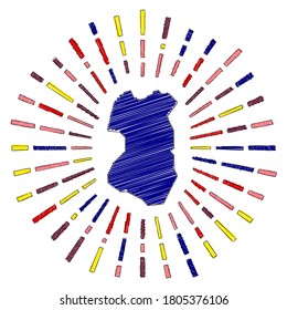 Sketch map of Tenggol Island. Sunburst around the island in flag colors. Hand drawn Tenggol shape with sun rays on white background. Vector illustration.