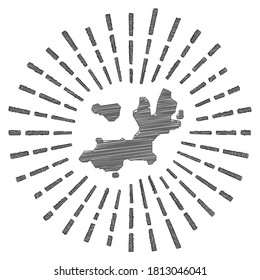 Sketch map of Terre-de-Haut Island. Sunburst around the island in flag colors. Hand drawn Terre-de-Haut shape with sun rays on white background. Vector illustration.