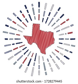 Sketch map of Texas. Sunburst around the us state in flag colors. Hand drawn Texas shape with sun rays on white background. Vector illustration.