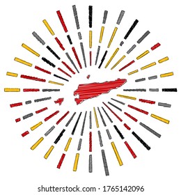 Sketch map of Timor-Leste. Sunburst around the country in flag colors. Hand drawn Timor-Leste shape with sun rays on white background. Vector illustration.