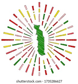 Sketch map of Togo. Sunburst around the country in flag colors. Hand drawn Togo shape with sun rays on white background. Vector illustration.