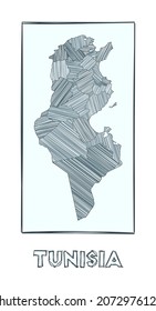 Sketch map of Tunisia. Grayscale hand drawn map of the country. Filled regions with hachure stripes. Vector illustration.