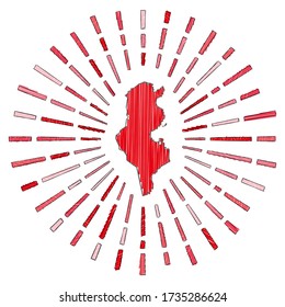 Sketch map of Tunisia with a sunburst in flag colors. Hand-drawn Tunisia shape with sun rays on a white background. Vector illustration.