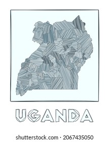 Sketch map of Uganda. Grayscale hand drawn map of the country. Filled regions with hachure stripes. Vector illustration.