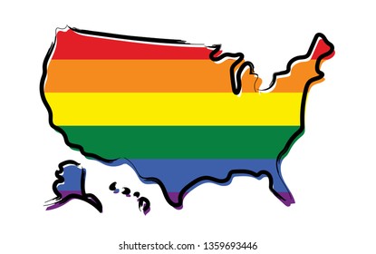 Sketch map of USA with pride colors