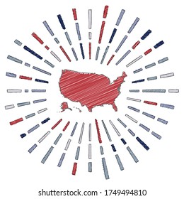 Sketch map of USA. Sunburst around the country in flag colors. Hand drawn USA shape with sun rays on white background. Vector illustration.