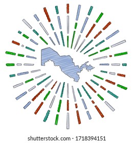 Sketch map of Uzbekistan with a sunburst design in the flag colors. Hand-drawn Uzbekistan shape with sun rays on a white background. Vector illustration.
