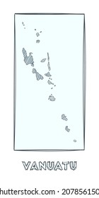 Mapa de boceto de Vanuatu. Mapa dibujado a mano en escala de grises del país. Regiones llenas con rayas de hachure. Ilustración vectorial.
