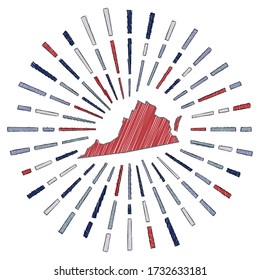 Sketch map of Virginia. Sunburst around the US state in flag colors. Hand drawn Virginia shape with sun rays on white background. Vector illustration.
