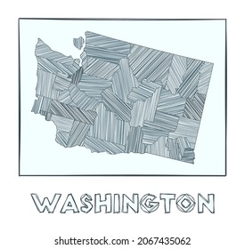 Mapa de esbozos de Washington. Mapa dibujado a mano en escala de grises del estado de estados unidos. Regiones llenas con rayas de hachure. Ilustración vectorial.