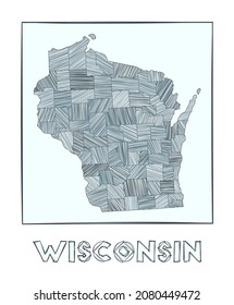 Mapa de esbozo de Wisconsin. Mapa dibujado a mano en escala de grises del estado de estados unidos. Regiones llenas con rayas de hachure. Ilustración vectorial.