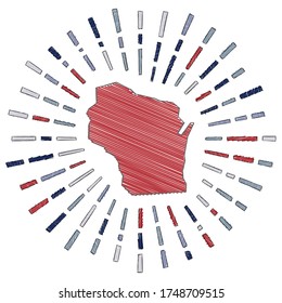 Sketch map of Wisconsin. Sunburst around the US state in flag colors. Hand-drawn Wisconsin shape with sun rays on white background. Vector illustration.