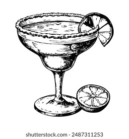 Sketch of a margarita with a salted rim and lime wedge, top view, on a white background