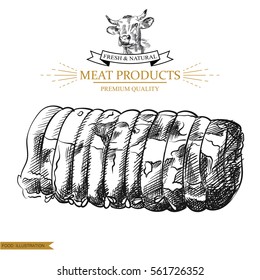 Sketch marinated meat with ropes on white background. Hand drawn meat elements Retro style poster with cow banner vector illustration. Use for butcher shop, livestock farm.