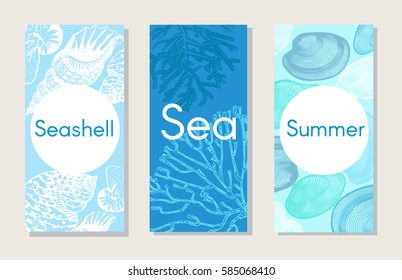 Sketch marine nature vertical banners with colorful seashells mollusks corals and scallops vector illustration