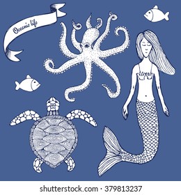 Sketch Marine set with mermaid in vintage style, vector