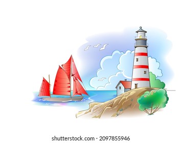 Sketch of maritime landscape with lighthouse and ancient Celtic sailboat. Abstract background for traveling or sailing company. Print for greeting card, poster, wallpaper. Vector illustration.