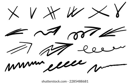 Sketch marker arrows, underline,  lines, check mark set. Hand drawn brush arrow check mark underline. Vector freehand illustration on white background.