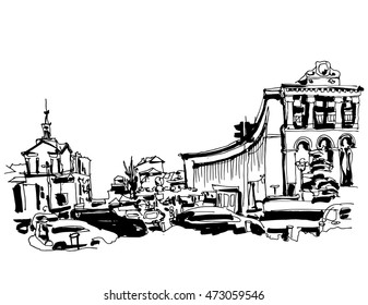 sketch marker drawing of Khreshchatyk the main street of the Ukrainian capital, famous place Maidan Nesalegnosty, black and white sketching for postcard or travel book vector illustration
